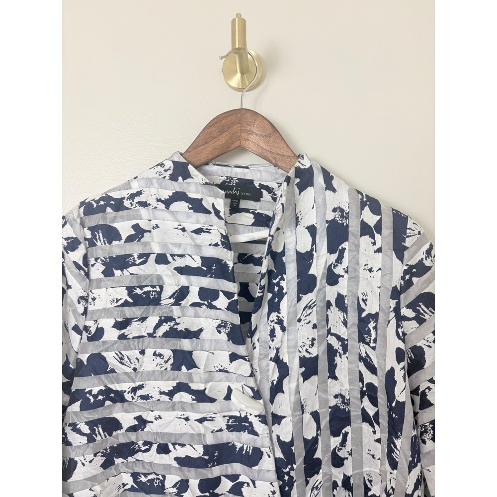 Yushi Wrap Blouse Womens Small Navy Blue White Semi Sheer Stripe Art To Wear - Picture 2 of 12